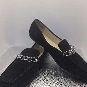 Calvin Klein Black Suede Loafers with Silver Chain